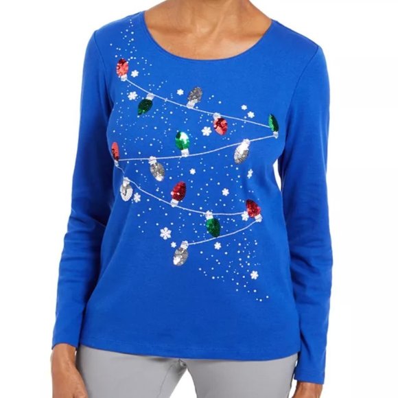 Karen Scott Tops - KAREN Scott Sequin Embellished Christmas Lights & Snowflakes Scoop Neck Top NWT